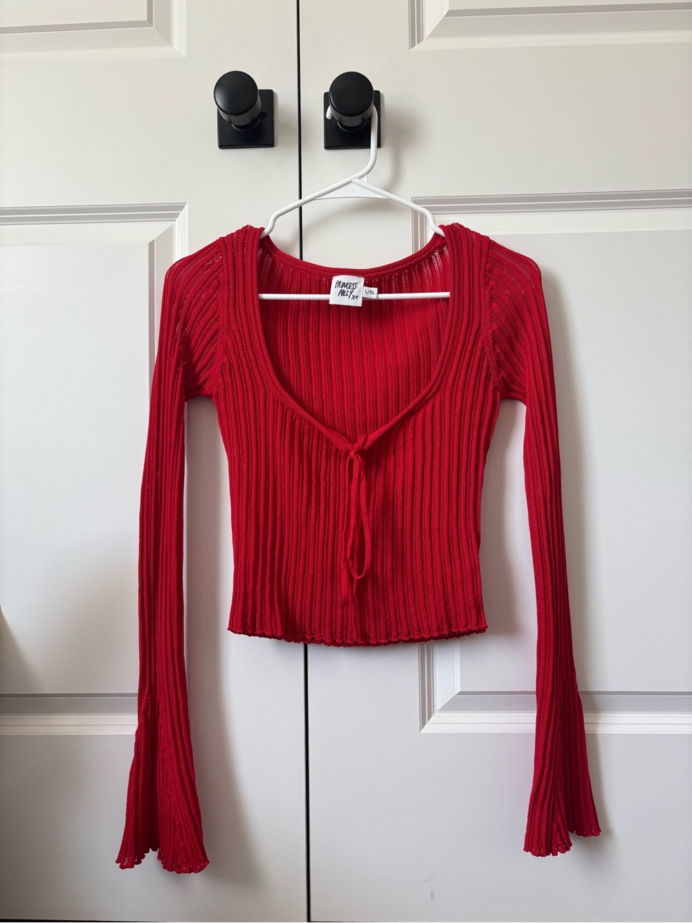 Princess Polly Red Ribbed Tie-Front Long Sleeve Crop Top